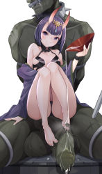 Rule 34 | 1boy, 1girl, absurdres, alcohol, arms behind back, bad id, bad pixiv id, barefoot, bdsm, bob cut, bondage, bound, clothed female nude male, collar, fate (series), feet, femdom, foreskin, foreskin pull, gag, highres, horns, looking at viewer, makeup, nude, orc, out of frame, panties, penis, purple eyes, purple hair, revealing clothes, saliva, shuten douji (fate), simple background, sitting, sitting on person, size difference, smile, spread legs, testicles, uncensored, underwear, user krrd2585, veins, white background