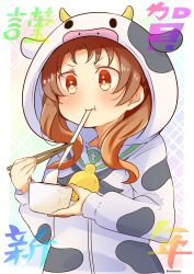 Rule 34 | 1girl, animal costume, bell, black necktie, bowl, brown eyes, brown hair, chinese zodiac, chopsticks, commentary request, cow costume, cow hood, cowbell, eating, girls und panzer, happy new year, highres, holding, holding bowl, holding chopsticks, hood, hood up, kadotani anzu, long hair, long sleeves, looking at viewer, namatyoco, neck bell, necktie, new year, ooarai school uniform, parted bangs, partial commentary, sailor collar, school uniform, solo, translated, twintails, upper body, white sailor collar, year of the ox, zouni soup
