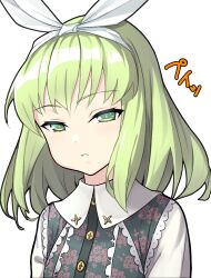 Rule 34 | 1girl, apo (apos2721), bow, frilled shirt, frills, green eyes, green hair, hair bow, highres, looking at viewer, pout, rance (series), shirt, simple background, solo, tillday shape, white background