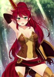 Rule 34 | 1girl, armor, armpits, bare shoulders, belt, black gloves, blush, breasts, cleavage, corset, elbow gloves, female focus, forest, gloves, go-it, greaves, green eyes, legs, long hair, looking at viewer, nature, no choker, open mouth, outdoors, ponytail, pyrrha nikos, red hair, rwby, shield, skirt, solo, strapless, sunlight, tiara, tree