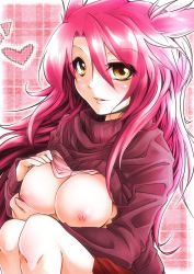 Rule 34 | 1girl, blush, breasts, breasts out, brown eyes, brown sweater, clothes lift, commentary request, heart, kurogami ma, lifting own clothes, long hair, looking at viewer, medium breasts, nipples, no bra, original, parted lips, pink hair, pink shirt, red skirt, shirt, shirt lift, sitting, skirt, smile, solo, sweater, sweater lift, upper body