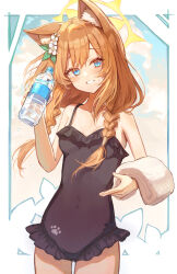 Rule 34 | 1girl, animal ear fluff, animal ears, bare shoulders, black one-piece swimsuit, blue archive, blue eyes, bottle, braid, cowboy shot, flower, frilled one-piece swimsuit, frills, hair flower, hair ornament, halo, head tilt, highres, holding, holding bottle, long hair, looking at viewer, low twin braids, mari (blue archive), mari (swimsuit) (blue archive), official alternate costume, one-piece swimsuit, orange hair, parted lips, paw print, plastic bottle, qc6, smile, solo, sweatdrop, swimsuit, towel, twin braids, water bottle