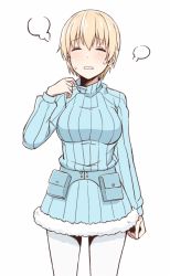 Rule 34 | 1girl, blonde hair, blue sweater, blush, brave witches, breasts, closed eyes, large breasts, momiji7728, nikka edvardine katajainen, open mouth, pantyhose, ribbed sweater, short hair, simple background, solo, standing, sweat, sweatdrop, sweater, turtleneck, turtleneck sweater, white background, white pantyhose, world witches series
