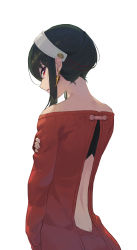 Rule 34 | 1girl, absurdres, back, back focus, backless outfit, black hair, earrings, from behind, hairband, highres, jewelry, li-mi, long sleeves, looking at viewer, open mouth, red eyes, red sweater, sidelocks, simple background, solo, spy x family, sweater, white background, yor briar