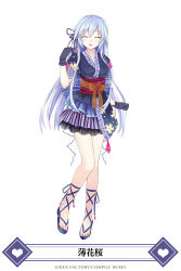 Rule 34 | 1girl, alternate costume, ankle ribbon, breasts, fairy fencer f, floral print, hair between eyes, highres, japanese clothes, kimono, leg ribbon, legs together, lolita fashion, long hair, looking at viewer, miniskirt, obi, open mouth, parted bangs, ribbon, sash, see-through, simple background, skirt, smile, solo, standing, striped clothes, striped skirt, tiara (fairy fencer f), tsunako, vertical-striped clothes, vertical-striped skirt, wa lolita, white background, white hair, yukata