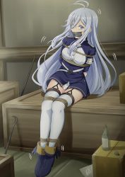 Rule 34 | 86 -eightysix-, absurdres, antenna hair, arms behind back, bandages, bdsm, blue eyes, blue hair, bondage, bound, breasts, crying, gagged, garter straps, highres, large breasts, long hair, looking at viewer, military, military uniform, panicking, parted bangs, rope, sitting, skirt, thighhighs, thighs, tied, trembling, uniform, vakaosciosa, very long hair, vladilena millize
