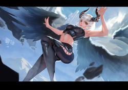 Rule 34 | 1girl, armpits, blue eyes, cloud, day, flying, horns, letterboxed, lips, midriff, mountain, navel, ray (nagaseray), silver hair, skin tight, sky, solo, tower, wings, zipper