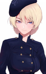 Rule 34 | 1girl, bag, beret, blonde hair, blue dress, blue eyes, buttons, darjeeling (girls und panzer), double-breasted, dress, girls&#039; frontline, girls und panzer, hair strand, hat, highres, looking at viewer, mityubi, parted lips, shadow, simple background, solo, white background