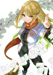 Rule 34 | 1girl, breasts, closed mouth, green pants, highres, jacket, long hair, long sleeves, looking at viewer, mythra (xenoblade), nayuta-kanata, orange scarf, pants, salute, scarf, simple background, smile, solo, swept bangs, two-finger salute, white background, white jacket, xenoblade chronicles (series), xenoblade chronicles 2, yellow eyes