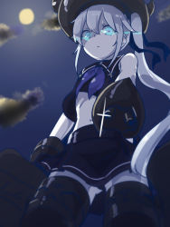 Rule 34 | 10s, 1girl, absurdres, abyssal ship, aqua eyes, bare shoulders, cannon, choker, cloud, colored skin, destroyer princess, from below, full moon, gloves, glowing, glowing eyes, hair between eyes, hat, headgear, highres, kantai collection, long hair, looking at viewer, mai (maika 04), midriff, moon, navel, night, night sky, pale skin, pointing, pointing at viewer, school uniform, serafuku, side ponytail, skirt, sky, sleeveless, solo, sparkle, weapon, white hair, white skin