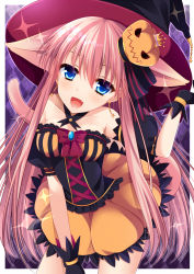 Rule 34 | 1girl, :d, agekichi (heart shape), animal ears, bad id, bad pixiv id, bare shoulders, blue eyes, cat ears, cat tail, crown, fang, halloween, hat, long hair, open mouth, original, pink hair, smile, solo, sparkle, tail, witch hat