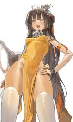 Rule 34 | 1girl, 2others, absurdres, ahoge, armlet, black survival, braid, breasts, brown eyes, brown hair, character request, china dress, chinese clothes, copyright request, covered erect nipples, covered navel, cowboy shot, creature on head, dot nose, double bun, dress, freng, from below, hair bun, hair ribbon, hand on own hip, highres, impossible clothes, impossible dress, li dailin, long hair, looking at viewer, medium breasts, multiple others, narrowed eyes, no panties, open mouth, panda, pelvic curtain, ribbon, side slit, simple background, sleeveless, sleeveless dress, small breasts, solo, teeth, thighhighs, thighs, upper teeth only, very long hair, white background, white thighhighs, yellow dress, yellow eyes