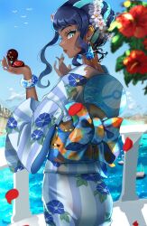 Rule 34 | 1girl, alternate costume, black hair, blue kimono, blurry, blurry foreground, boat, bracelet, cloud, commentary request, creatures (company), dark-skinned female, dark skin, day, earclip, earrings, eyelashes, eyeshadow, falling petals, floral print, flower, game freak, green eyes, hands up, holding, japanese clothes, jewelry, kimono, lipstick, makeup, nessa (pokemon), nintendo, outdoors, parted lips, petals, poke ball print, pokemon, pokemon swsh, red flower, red lips, sash, setta shu, sidelocks, sky, solo, water, watercraft
