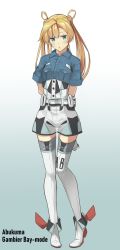 Rule 34 | 1girl, abukuma (kancolle), arms behind back, blonde hair, blue background, blue eyes, blue shirt, breast pocket, character name, collared shirt, commentary request, cosplay, double bun, full body, gambier bay (kancolle), gambier bay (kancolle) (cosplay), gloves, gradient background, hair bun, hair rings, highres, kantai collection, long hair, looking at viewer, multicolored clothes, negahami, o3o, pocket, shirt, short sleeves, solo, standing, thighhighs, twintails, white background, white gloves, white thighhighs
