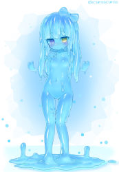 Rule 34 | 1girl, absurdres, barefoot, blue bow, blue hair, blue skin, blush, bow, closed mouth, colored skin, curss, dot mouth, dot nose, flat chest, full body, hair bow, hand up, heart, heterochromia, highres, long hair, looking at viewer, monster girl, navel, nude, original, purple eyes, slime girl, solo, standing, twitter username, yellow eyes