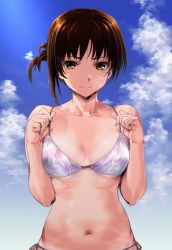 Rule 34 | 1girl, arms at sides, asymmetrical hair, bikini, blue sky, blush, breasts, cleavage, cloud, cloudy sky, collarbone, day, hands up, looking at viewer, mole, mole under eye, navel, original, outdoors, ponytail, purple bikini, sidelocks, sky, smile, solo, stomach, swimsuit, teoshiguruma, upper body