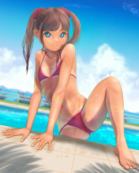 Rule 34 | 1girl, arm support, bikini, blue eyes, breasts, brown hair, climbing, highres, knee up, legs, legs apart, long hair, navel, original, outdoors, pink bikini, pool, poolside, scrunchie, small breasts, smile, solo, swimsuit, tan, tanline, thighs, twintails, uzuki mei, wet, wet clothes, wet swimsuit