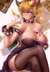 Rule 34 | 1girl, armlet, bare shoulders, bearwitch, black dress, blonde hair, blue eyes, blush, bowsette, bracelet, breasts, cleavage, collar, crown, dress, earrings, fangs, fire, hair between eyes, highres, horns, jewelry, large breasts, legs, long hair, looking at viewer, mario (series), mushroom, nail polish, new super mario bros. u deluxe, nintendo, open mouth, pointy ears, ponytail, sharp teeth, sitting, smile, solo, spiked armlet, spiked bracelet, spiked collar, spikes, super crown, super mario bros. 1, teeth, thighhighs, torn clothes, torn thighhighs