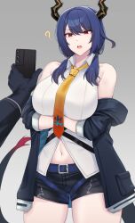 Rule 34 | 1girl, ?, absurdres, alternate breast size, arknights, arms under breasts, bare shoulders, belt, black jacket, black shorts, blue belt, blue hair, breasts, cellphone, ch&#039;en (arknights), collared shirt, commentary, cowboy shot, dragon girl, dragon horns, dragon tail, english commentary, grey background, highres, holding, holding phone, horns, huge breasts, jacket, kanta (kanta 077), long hair, navel, necktie, off shoulder, open mouth, out of frame, phone, red eyes, shirt, short shorts, shorts, simple background, sleeveless, sleeveless shirt, smartphone, solo focus, tail, twintails, white shirt, yellow necktie