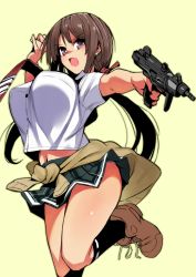 Rule 34 | bouncing breasts, breasts, clothes around waist, front-tie top, gen (black factory), gun, highres, large breasts, machine pistol, midriff, navel, open mouth, original, school uniform, skirt, solo, submachine gun, sweater, sweater around waist, trigger discipline, twintails, uzi, weapon