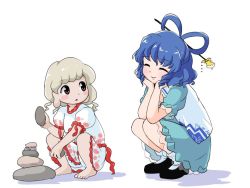 Rule 34 | 2girls, ^ ^, barefoot, black footwear, blue dress, blue hair, blush, brown eyes, closed eyes, dress, earlobes, ebisu eika, facing another, full body, grey hair, hair ornament, hair rings, hair stick, hands on own cheeks, hands on own face, hands up, holding, itatatata, kaku seiga, long earlobes, looking at viewer, multiple girls, parted lips, puffy short sleeves, puffy sleeves, rock, shadow, shoes, short dress, short hair, short sleeves, simple background, smile, socks, squatting, touhou, vest, white background, white dress, white legwear, white vest, zun (style)