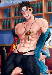 Rule 34 | 1boy, abs, alcohol, bara, bare pectorals, biceps, black hair, blush, bottle, building, bulge, ear piercing, glass, grelxb, gyee, headband, highres, japanese clothes, jewelry, key, kimono, kneeling, large pectorals, male focus, male underwear, male underwear peek, manly, mature male, multicolored hair, muscular, muscular male, navel, navel hair, necklace, nipples, open mouth, pants, patreon logo, patreon username, pectorals, piercing, red hair, room, shelf, short hair, solo, spiked hair, sven (gyee), teeth, tight clothes, tongue, underwear, wine, wine bottle, yellow eyes, yukata