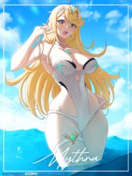 Rule 34 | 1girl, absurdres, blonde hair, highres, mythra (radiant beach) (xenoblade), mythra (xenoblade), one-piece swimsuit, opalis, swimsuit, thigh strap, white one-piece swimsuit, xenoblade chronicles (series), xenoblade chronicles 2, yellow eyes