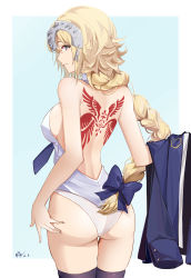 Rule 34 | 1girl, absurdres, ass, back, back tattoo, backless outfit, bare shoulders, black thighhighs, blonde hair, blue eyes, blush, braid, braided ponytail, breasts, fate/apocrypha, fate (series), headpiece, highres, jeanne d&#039;arc (fate), jeanne d&#039;arc (girl from orleans) (fate), jeanne d&#039;arc (ruler) (fate), large breasts, liuleiwowotou, long hair, looking at viewer, necktie, panties, solo, tattoo, thighhighs, thighs, underwear, very long hair, white panties