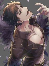 Rule 34 | (#)w(#), 1boy, abs, belial (granblue fantasy), belt, black hair, black shirt, feather boa, granblue fantasy, grey background, head tilt, long sleeves, looking at viewer, male focus, open clothes, open mouth, pectoral cleavage, pectorals, red eyes, revealing clothes, shirt, short hair, smile, solo, toned, toned male, upper body