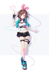 Rule 34 | 1girl, absurdres, aqua eyes, aqua footwear, aqua hoodie, belt, belt buckle, belt pouch, black gloves, black shorts, breasts, brown hair, buckle, choker, cleavage, closed mouth, clothing cutout, collarbone, contrapposto, crop top, cropped hoodie, crossed legs, drop shadow, finger gun, fingerless gloves, full body, gloves, green eyes, hairband, headphones, headphones around neck, heart, heart choker, highres, hood, hoodie, kizuna ai, kizuna ai (a.i. games), kizuna ai inc., lace, lace-trimmed shirt, lace trim, large breasts, looking at viewer, midriff, moeyezi, multicolored hair, navel, open clothes, open hoodie, outside border, pouch, shirt, shoes, short hair, short shorts, shorts, simple background, smile, sneakers, socks, solo, streaked hair, thigh gap, thigh pouch, thigh strap, virtual youtuber, watson cross, white background, zipper