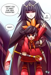 Rule 34 | 1boy, 2girls, alternate universe, ashley (warioware), black hair, crossover, father and daughter, fire emblem, fire emblem awakening, hair ornament, jadenkaiba, mother and daughter, multiple girls, nintendo, open mouth, pantyhose, ribbon, robin (fire emblem), robin (male) (fire emblem), skirt, smile, tharja (fire emblem), twintails, two side up, warioware