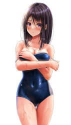 Rule 34 | 1girl, black hair, blue one-piece swimsuit, breasts, brown eyes, clothes pull, commentary request, competition school swimsuit, cowboy shot, crossed arms, highres, medium breasts, medium hair, one-piece swimsuit, one-piece swimsuit pull, original, school swimsuit, simple background, solo, standing, swimsuit, thigh gap, wet, wet clothes, wet swimsuit, white background, yukemuriganmo