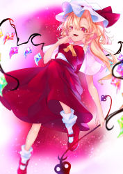 Rule 34 | 1girl, absurdres, ascot, blonde hair, blurry, blurry background, calpis118, crystal, finger to mouth, flandre scarlet, frilled shirt collar, frills, from below, full body, hair between eyes, hat, hat ribbon, highres, holding, holding wand, laevatein (touhou), mary janes, medium hair, mob cap, open mouth, rainbow order, red background, red eyes, red footwear, red ribbon, red skirt, red theme, red vest, ribbon, shirt, shoes, short sleeves, side ponytail, skirt, skirt set, socks, solo, touhou, vest, wand, white hat, white shirt, white socks, wings, yellow ascot