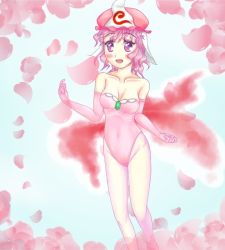 Rule 34 | 1girl, breasts, cherry blossoms, cleavage, cosplay, creatures (company), game freak, gen 1 pokemon, goldeen, goldeen (cosplay), hat, leotard, misty (pokemon), misty (pokemon) (cosplay), nintendo, pink hair, pink headwear, pink leotard, pokemon, pokemon (anime), pokemon (classic anime), pokemon ep043, saigyouji yuyuko, touhou