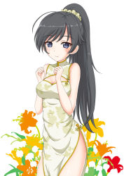 Rule 34 | 1girl, bare arms, bare shoulders, black hair, blue eyes, blush, breasts, brown scrunchie, china dress, chinese clothes, cleavage, cleavage cutout, closed mouth, clothing cutout, dress, flipper, floral background, floral print, girls und panzer, hair ornament, hair scrunchie, hands up, high ponytail, isuzu hana, long hair, medium breasts, pelvic curtain, ponytail, print dress, scrunchie, sidelocks, simple background, sleeveless, sleeveless dress, smile, solo, very long hair, white background, white dress