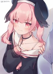 Rule 34 | 1girl, 1other, bare shoulders, beret, black choker, black headwear, black shirt, black wings, blue archive, blush, choker, closed mouth, collarbone, commentary request, hands up, hat, head wings, highres, koharu (blue archive), long hair, long sleeves, looking at viewer, pink hair, puffy long sleeves, puffy sleeves, red eyes, sailor collar, shirt, sleeves past wrists, suzu (alpha diamant), sweat, twintails, v-shaped eyebrows, white sailor collar, wings