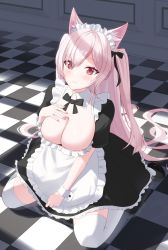 Rule 34 | 1girl, alternate costume, animal ear fluff, animal ears, apron, between legs, black bow, black bowtie, black dress, black footwear, black ribbon, blush, bow, bowtie, breasts, cat ears, checkered floor, cleavage, closed mouth, collar, detached collar, dress, enmaided, eyes visible through hair, fingernails, frilled dress, frills, hair over one eye, hair ribbon, hand between legs, hand on own chest, hand up, highres, indoors, large breasts, light smile, long fingernails, long hair, looking at viewer, maid, maid apron, maid headdress, mitsurugi lia, pink hair, pmasterm, raised eyebrows, red eyes, ribbon, shadow, shoes, sitting, thighhighs, two side up, very long hair, virtual youtuber, wactor production, wariza, white apron, white collar, white thighhighs, window shadow, wrist cuffs