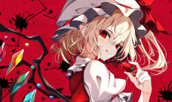 Rule 34 | 1girl, :q, absurdres, blonde hair, blush, bright pupils, close-up, closed mouth, commentary request, crystal, eyelashes, flandre scarlet, floating hair, food, from side, fruit, hair between eyes, hand up, hat, highres, holding, holding food, holding fruit, licking lips, looking at viewer, medium hair, mob cap, nail polish, pointy ears, puffy short sleeves, puffy sleeves, red background, red eyes, red nails, short sleeves, simple background, smile, solo, split mouth, strawberry, tongue, tongue out, touhou, tsurime, white hat, wings, yamanakaume