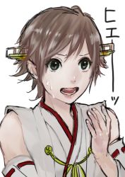 Rule 34 | 10s, 1girl, bad id, bad pixiv id, bare shoulders, blouse, brown hair, detached sleeves, flipped hair, green eyes, hairband, headgear, hiei (kancolle), hoshino (cona), japanese clothes, kantai collection, lips, nontraditional miko, open mouth, shirt, short hair, simple background, solo, tears