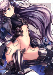 Rule 34 | 10s, 1girl, armor, armored boots, black ribbon, blue eyes, blush, boots, closed mouth, crotch plate, fate/extra, fate/extra ccc, fate (series), flat chest, from side, groin, hair ribbon, light smile, long hair, long sleeves, looking at viewer, looking to the side, meltryllis (fate), navel, okusan4645, purple hair, revealing clothes, ribbon, solo, stomach, thigh boots, thighhighs, type-moon, very long hair
