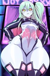 Rule 34 | 1girl, all fours, alternate hairstyle, boots, breasts, colored sclera, curvy, cyberpunk (series), cyberpunk edgerunners, from below, gradient hair, green eyes, green hair, highres, jacket, long hair, long sleeves, looking at viewer, looking down, multicolored hair, narrow waist, navel, pale skin, pink hair, ponytail, rebecca (cyberpunk), red sclera, side ponytail, small breasts, solo, stomach, thecon, thick thighs, thighhighs, thighs, wide hips