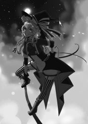 Rule 34 | 1girl, alternate costume, bad id, bad pixiv id, boots, bow, braid, broom, chimaki., crystal, dark, fang, full body, full moon, gloves, greyscale, grin, hair bow, hair ornament, hat, hat ribbon, highres, kirisame marisa, long hair, long sleeves, looking at viewer, monochrome, moon, ribbon, shirt, shorts, side braid, single braid, smile, solo, sparkle, star (sky), striped clothes, striped thighhighs, thighhighs, touhou, vest, witch hat, zettai ryouiki