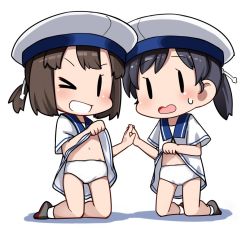 Rule 34 | &gt; o, 2girls, black hair, blush, brown hair, clothes lift, daitou (kancolle), dress, dress lift, fairy (kancolle), hair ribbon, hat, hiburi (kancolle), kantai collection, kneeling, lifted by self, multiple girls, nassukun, one eye closed, open mouth, panties, ponytail, ribbon, sailor collar, sailor dress, sailor hat, simple background, socks, sweat, underwear, white background, white dress, white headwear, white legwear, white panties