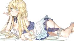 Rule 34 | 1girl, bad id, bad pixiv id, bare legs, bare shoulders, bead bracelet, beads, blonde hair, blue eyes, blush, bracelet, breasts, bridal garter, cleavage, closed mouth, dore (gilles dore), dress, frills, hair between eyes, head rest, jewelry, large breasts, long hair, looking at viewer, lying, on stomach, original, short dress, sidelocks, simple background, solo, thighs, white background, white dress