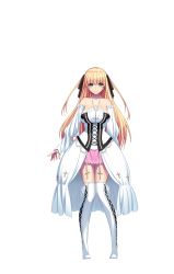 Rule 34 | 1girl, bare shoulders, blonde hair, boots, breasts, cross, cross necklace, detached sleeves, dress, eyebrows, full body, game cg, green eyes, janne la pucelle, jewelry, legs, long hair, looking at viewer, necklace, sagara riri, simple background, smile, solo, standing, thigh boots, thighhighs, thighs, tokeidai no jeanne: jeanne &agrave; la tour d&#039;horloge, white background, white dress