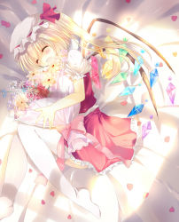 Rule 34 | 1girl, bad id, bad pixiv id, blonde hair, bouquet, closed eyes, daisy, embodiment of scarlet devil, female focus, flandre scarlet, flower, happy, hat, highres, kinoko (hkn), lying, on side, ponytail, short hair, side ponytail, smile, solo, thighhighs, touhou, white thighhighs, wings