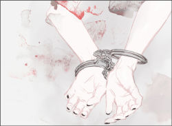 Rule 34 | 1boy, black nails, border, bound, bound wrists, chain, commentary, cuffed, cuffs, grey background, grey border, hand focus, handcuffs, kaneki ken, koujima shikasa, male focus, nail polish, out of frame, red background, solo, symbol-only commentary, tokyo ghoul