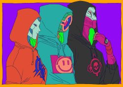 Rule 34 | 1girl, 2boys, alternate costume, android, apex legends, ash (titanfall 2), black hoodie, blue hoodie, blue sclera, border, colored sclera, hood, hood up, hoodie, humanoid robot, looking down, mizu cx, multiple boys, orange border, orange eyes, orange hoodie, pathfinder (apex legends), purple background, red eyes, revenant (apex legends), robot, simulacrum (titanfall)