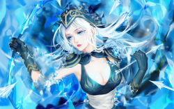 Rule 34 | 1girl, arrow (projectile), ashe (league of legends), blue eyes, bow (weapon), breasts, cleavage, gloves, highres, hood, league of legends, lips, long hair, medium breasts, parted lips, qidai, sash, shoulder pads, solo, water, weapon, white hair