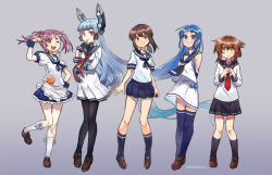 Rule 34 | 5girls, anchor, anchor symbol, apron, arms behind back, artist name, black legwear, black neckwear, blue eyes, blue hair, blue neckwear, blue thighhighs, blunt bangs, blush, breasts, brown eyes, brown footwear, brown hair, closed mouth, dress, elbow gloves, folded ponytail, frilled skirt, frills, fubuki (kancolle), full moon, gloves, grey background, hair bobbles, hair ornament, hair ribbon, headgear, inazuma (kancolle), kantai collection, loafers, long hair, long sleeves, low ponytail, mogamiya honu, moon, multiple girls, murakumo (kancolle), neck ribbon, neckerchief, one eye closed, open mouth, pantyhose, pink hair, pleated skirt, ponytail, puffy short sleeves, puffy sleeves, rabbit, red neckwear, ribbon, sailor collar, sailor dress, samidare (kancolle), sazanami (kancolle), sazanami kai (kancolle), school uniform, serafuku, shoes, short hair, short sleeves, sidelocks, silver hair, simple background, skirt, small breasts, smile, socks, standing, standing on one leg, thighhighs, tress ribbon, twintails, v, very long hair, waist apron, white legwear, wrist cuffs